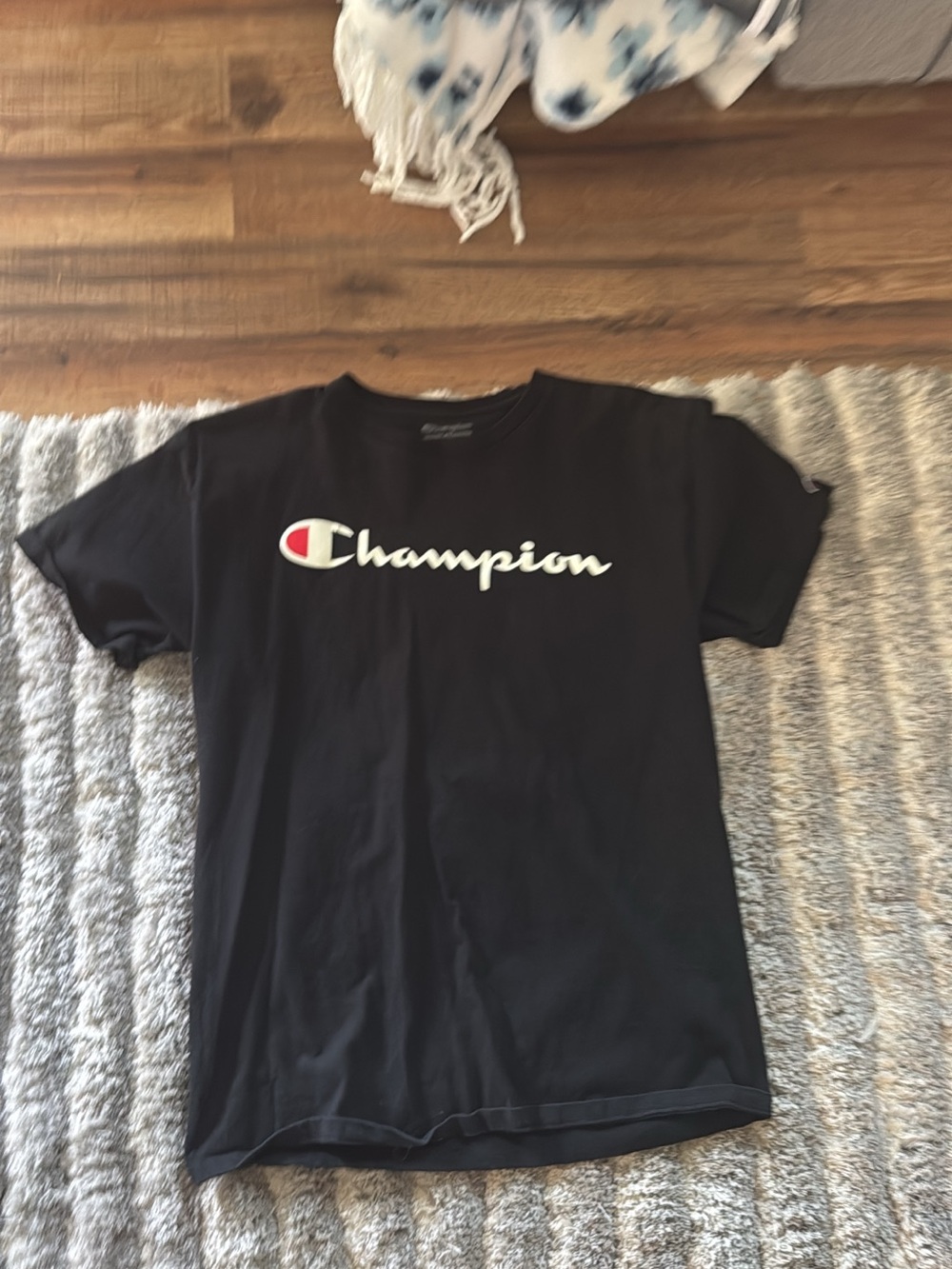 Champion Black Tee with White Script and Red Logo